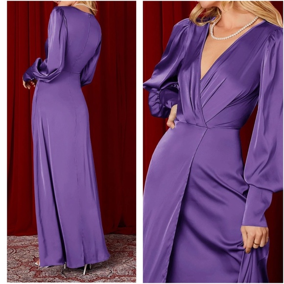 Luxe Satin Split Thigh Party Wedding Formal Maxi Dress - Picture 6 of 8